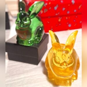 Vintage Lucite Plastic Rabbit Yellow and one green Figurine Sitting Bunny Rabbit